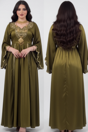 Green Chiffon Mirrors & Applique Round Neck Embroidered Kaftan – Effortless Elegance in Every Drape
