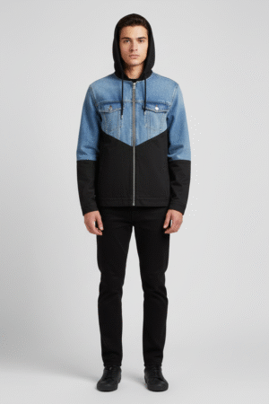 Blue and Black Color Block Hoodie Jacket