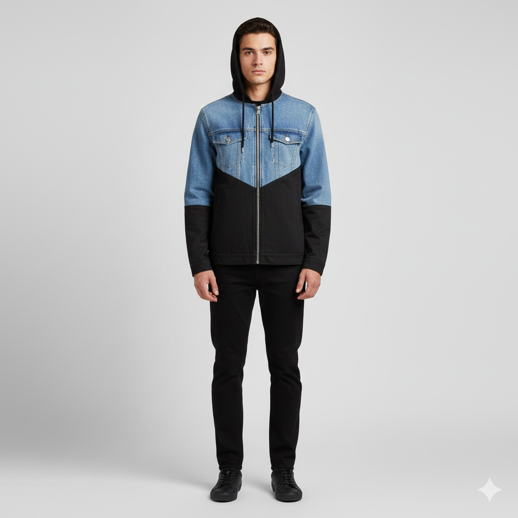 Blue and Black Color Block Hoodie Jacket