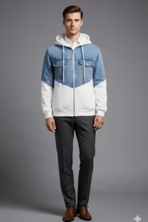 Blue and White Color Block Hoodie Jacket