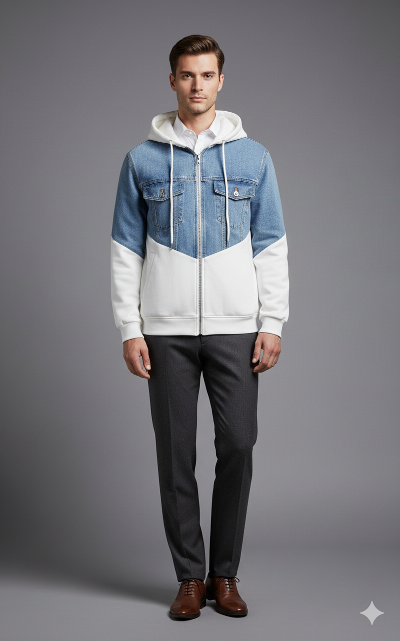 Blue and White Color Block Hoodie Jacket