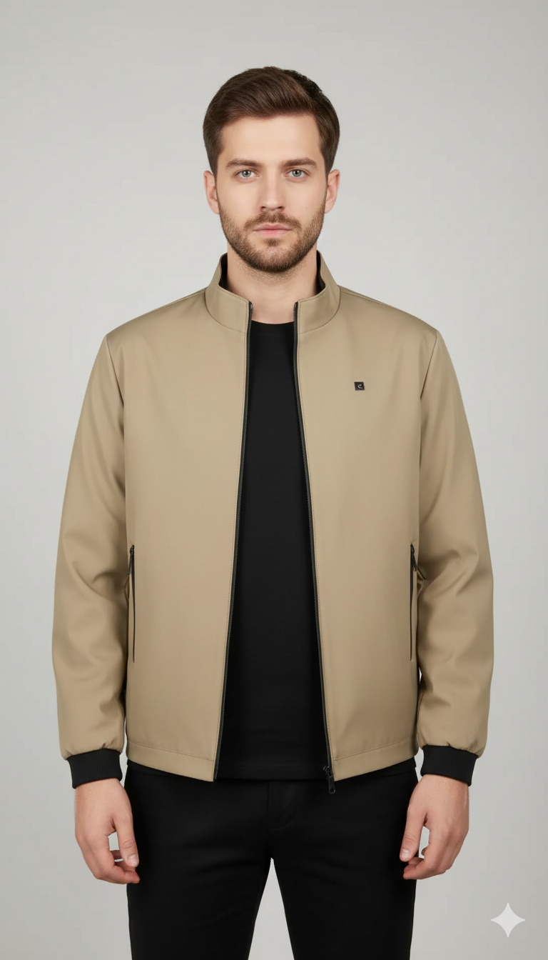 Classic Beige Stand Collar Bomber Jacket