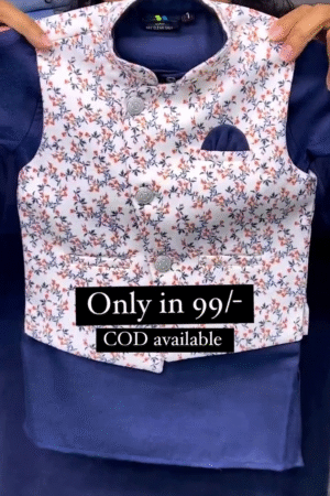 Blue Kids Kurta Pajama With Printed Nehru Jacket – Stylish Festive Wear for Boys